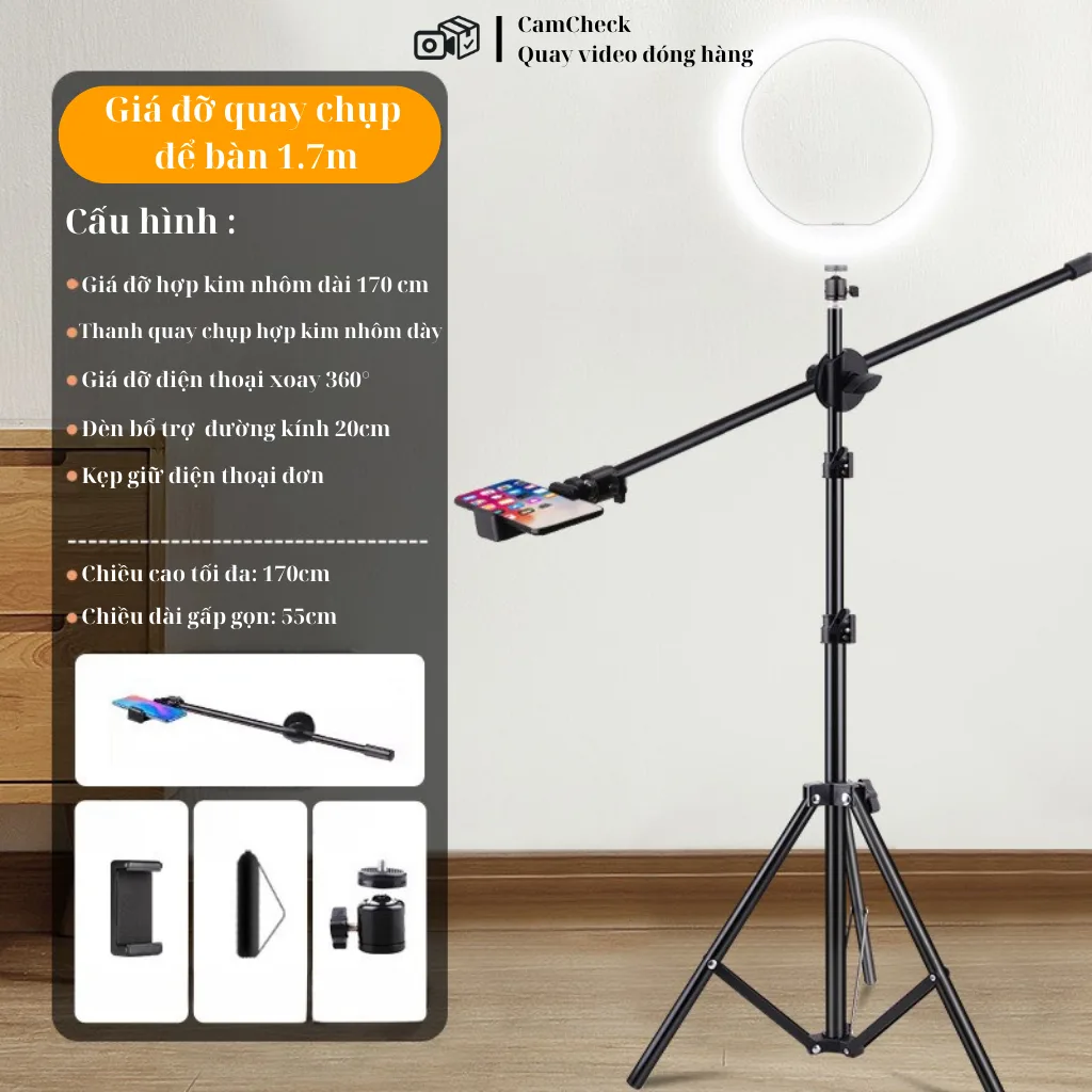 Giá đỡ điện thoại, webcam cao 1m7 có thanh ngang và đèn LED vòng 20cm