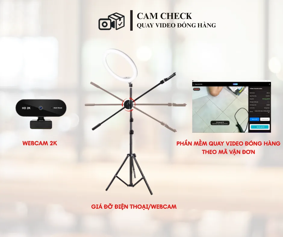 Combo webcam 2K, giá đỡ 1m7 kèm đèn LED vòng và phần mềm quay video đóng hàng CAM CHECK