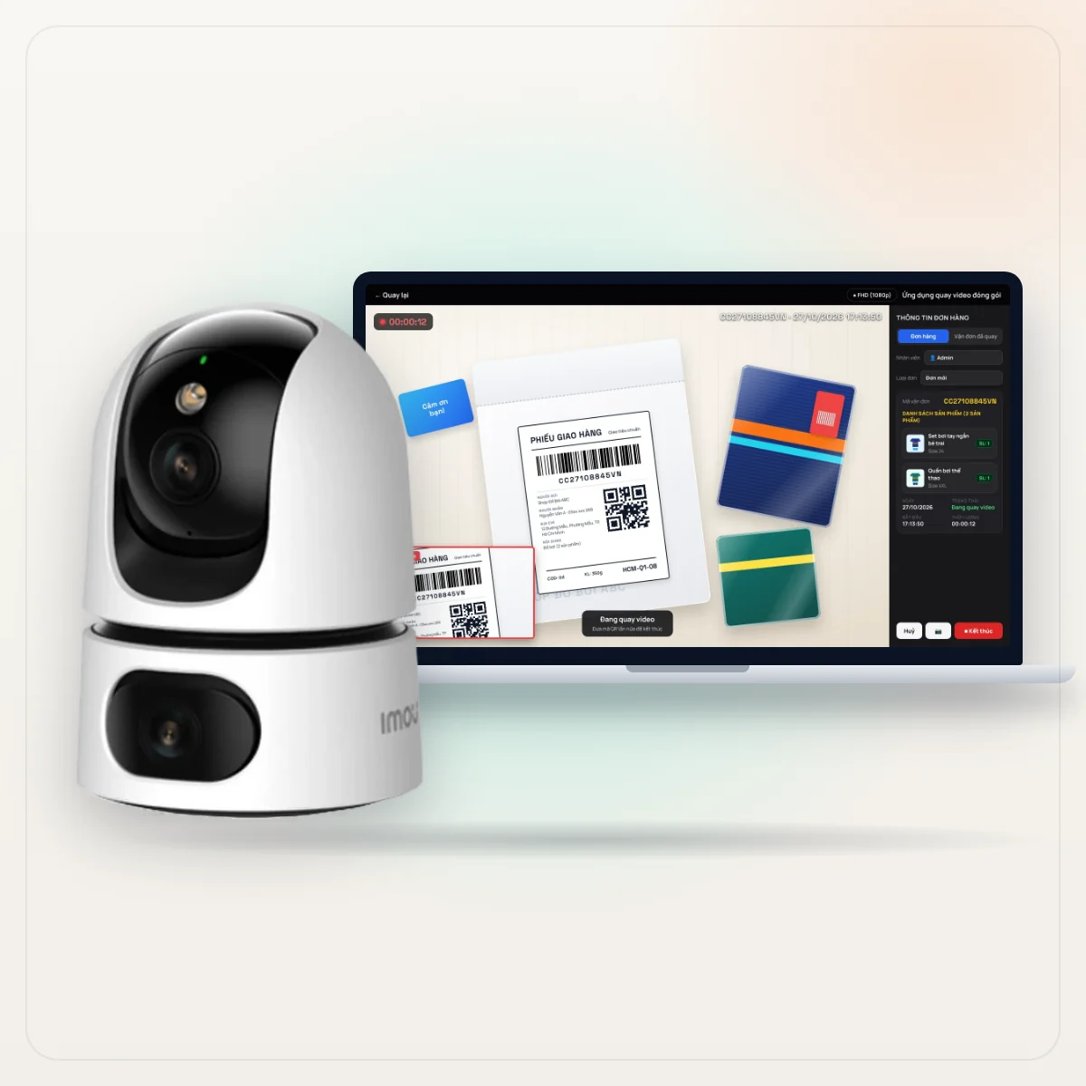 Camera IP Imou Ranger Dual 2 mắt và laptop đang chạy phần mềm quay video đóng hàng CAM CHECK