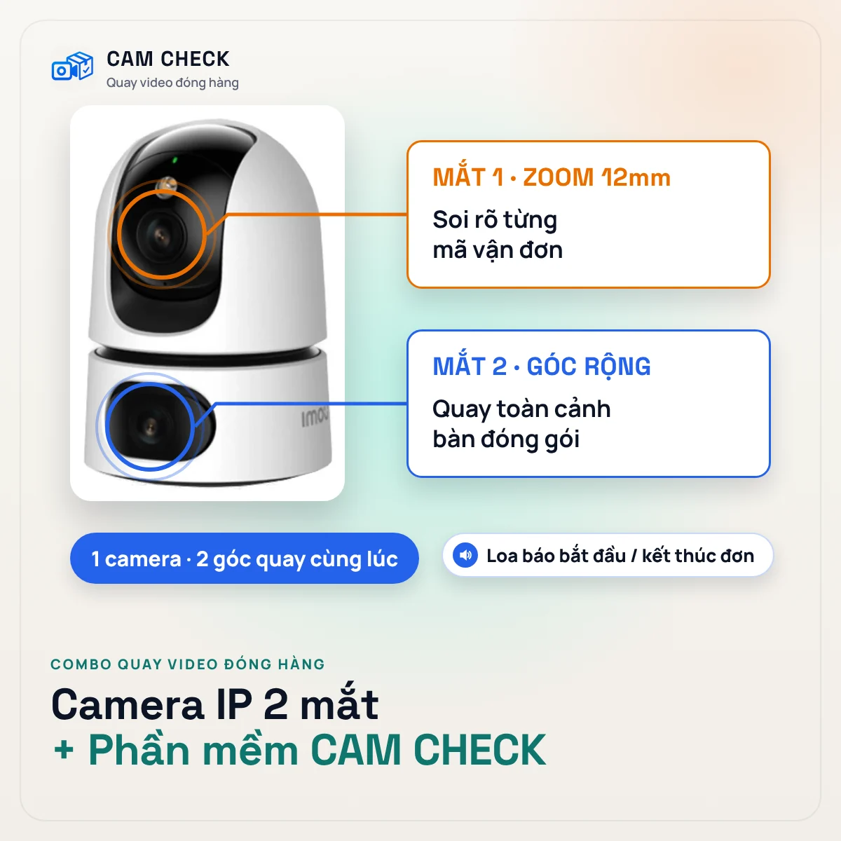 Combo camera IP 2 mắt + phần mềm CAM CHECK: mắt zoom 12mm soi mã vận đơn, mắt rộng quay toàn cảnh