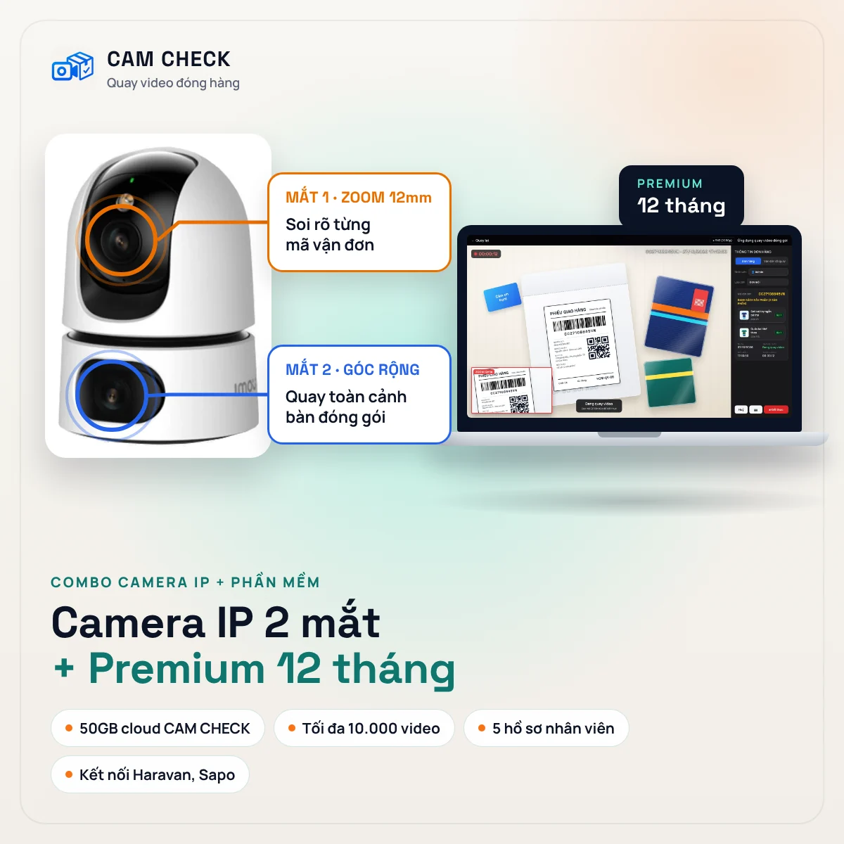 Combo camera IP 2 mắt + CAM CHECK Premium 12 tháng, giá 1.790.000đ