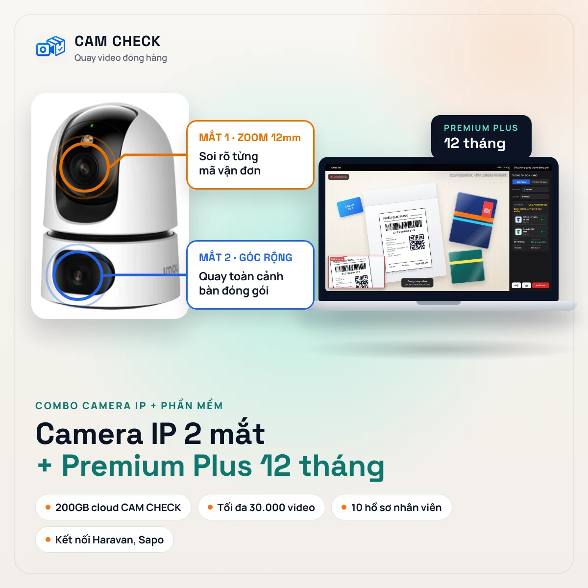 Combo camera IP 2 mắt + CAM CHECK Premium Plus 12 tháng, giá 2.600.000đ