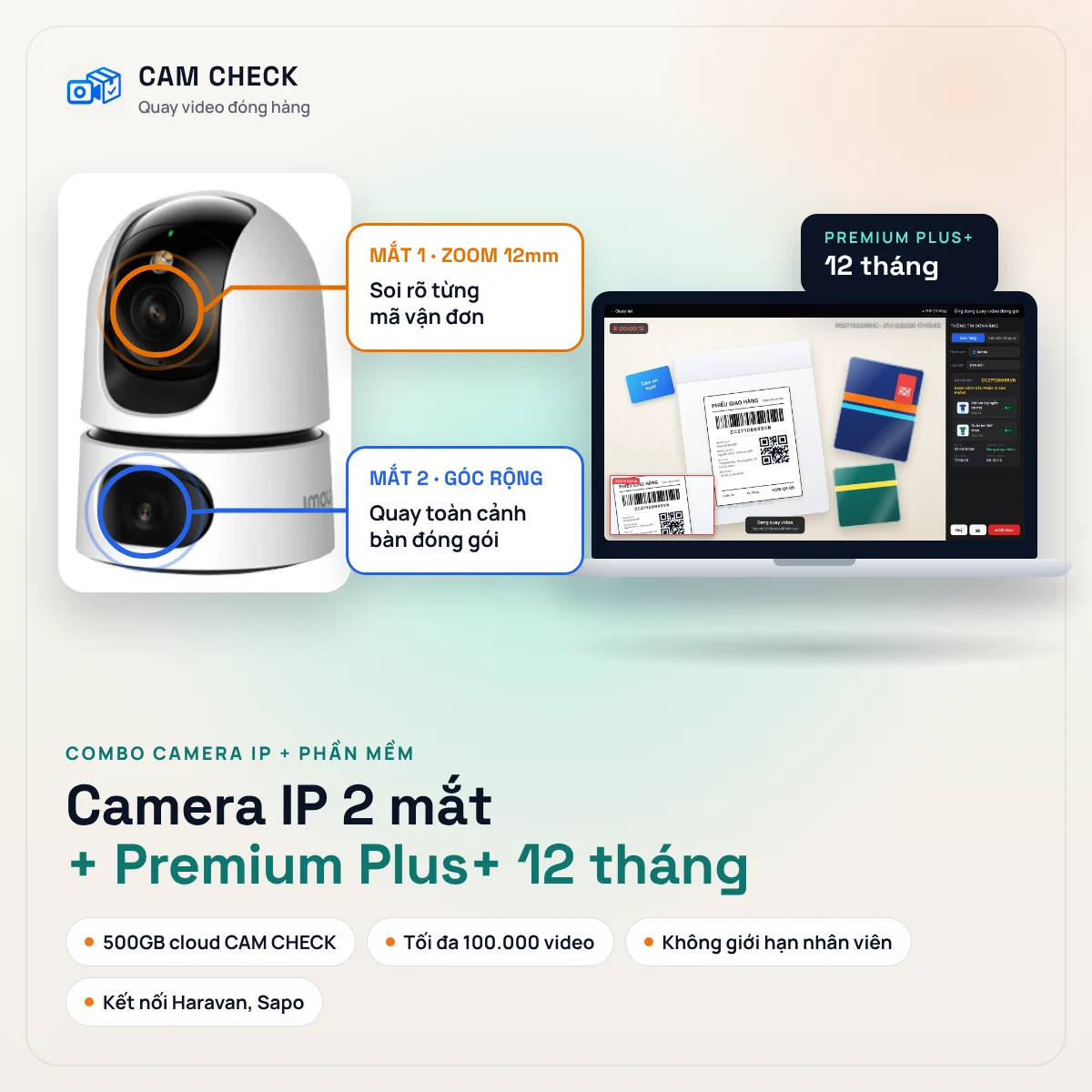 Combo camera IP 2 mắt + CAM CHECK Premium Plus+ 12 tháng, giá 4.100.000đ