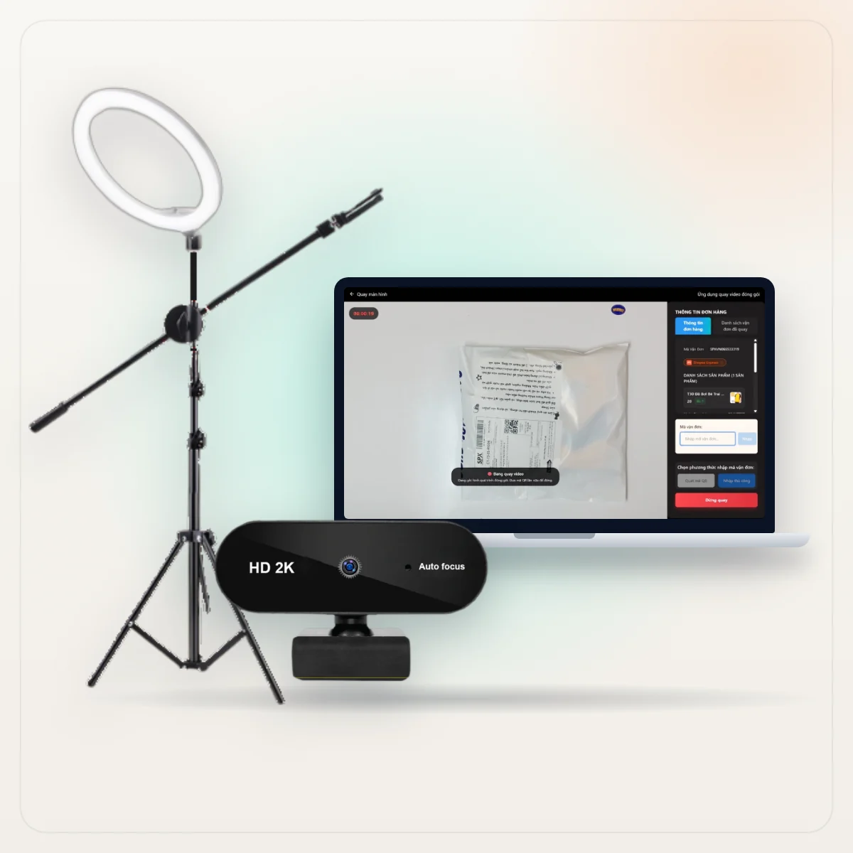 Trọn bộ quay video đóng hàng: webcam 2K, giá đỡ 1m7 và phần mềm CAM CHECK Premium