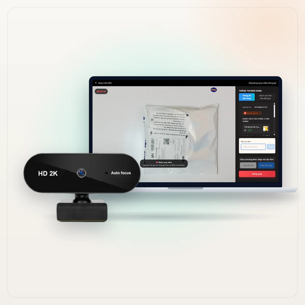 Combo webcam 2K và phần mềm quay video đóng hàng CAM CHECK trên laptop