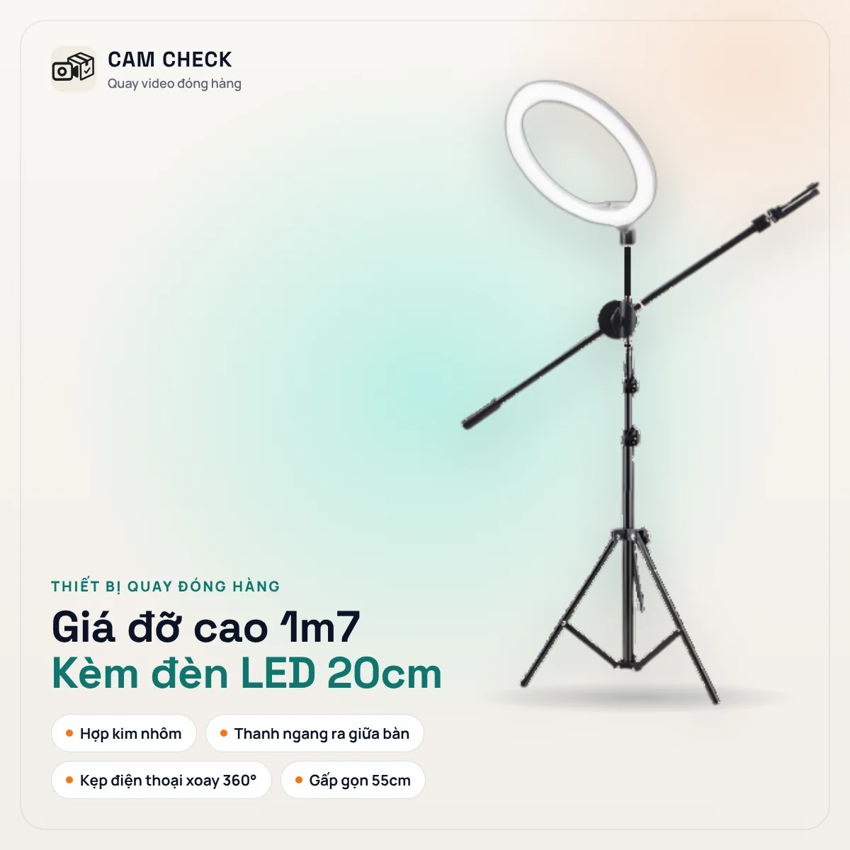 Thông số giá đỡ 1m7: hợp kim nhôm, thanh ngang ra giữa bàn, kẹp điện thoại xoay 360°, gấp gọn 55cm